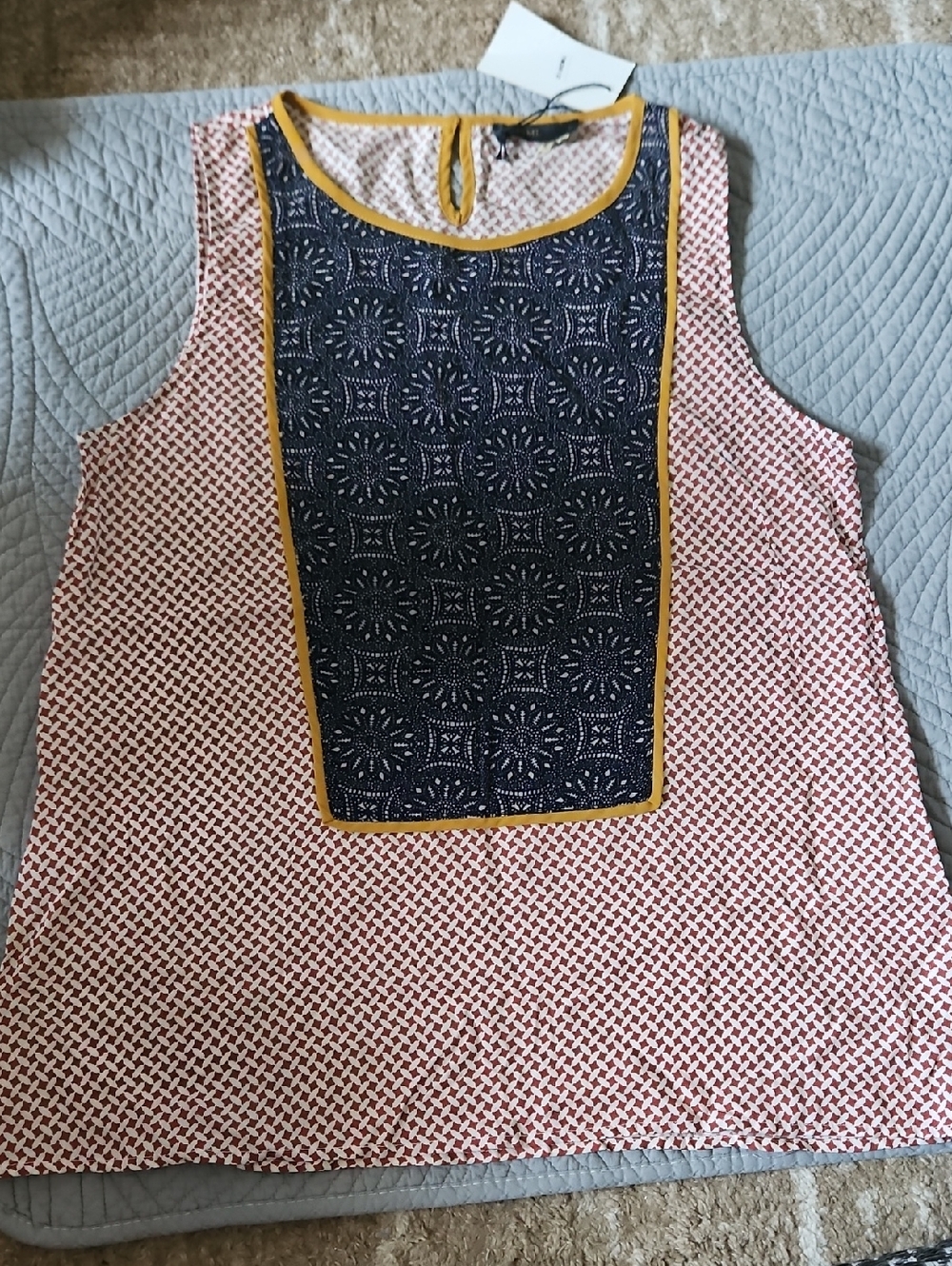 Sleeveless Printed Bib Tank Top - Navy, Pink & Mustard
